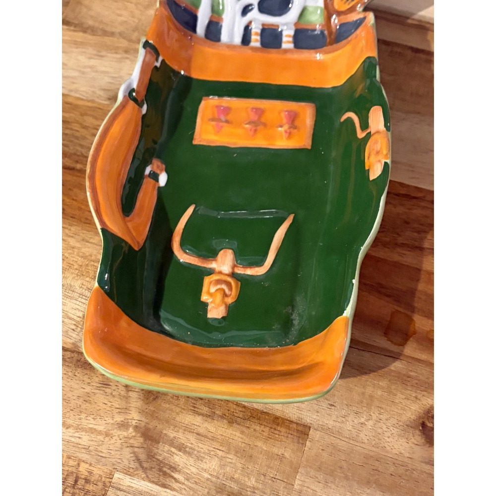 Vintage Golf Bag Ceramic Trinket Dish Hand Painted Green Orange Catchall Tray - Picture 4 of 6